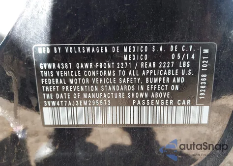 2014 Volkswagen Jetta Gli Edition 30 из США, поврежденный, VIN 3VW4T7AJ3EM295573